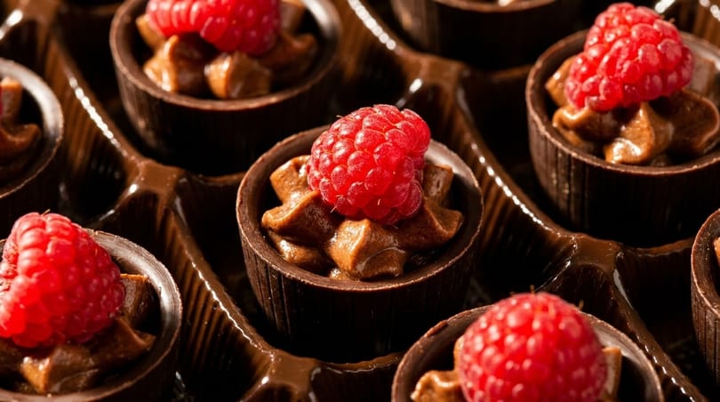 Chocolate cups filled with chocolate mousse and topped with a fresh red raspberry.