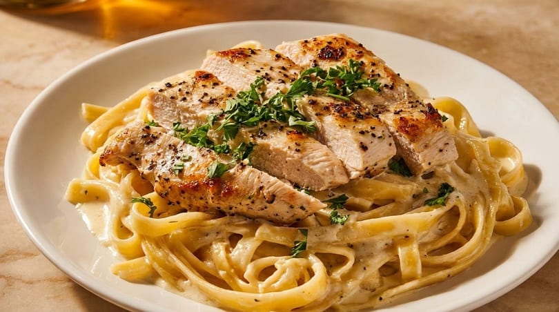 Fettuccine Alfredo with sliced grilled chicken breast, seasoned with pepper and fresh parsley.