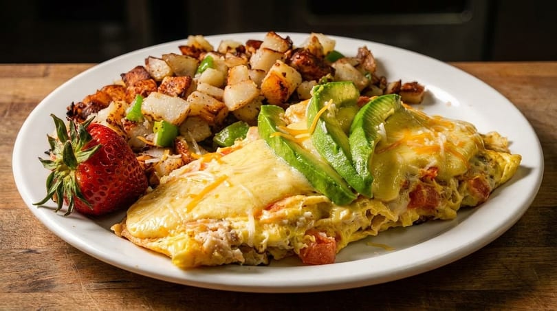 A breakfast plate with a cheesy omelet topped with avocado, crispy potatoes, and a strawberry.