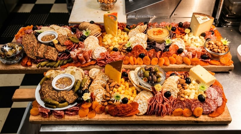 Two large wooden charcuterie boards overflowing with cheeses, meats, crackers, olives, nuts, and dried fruit.