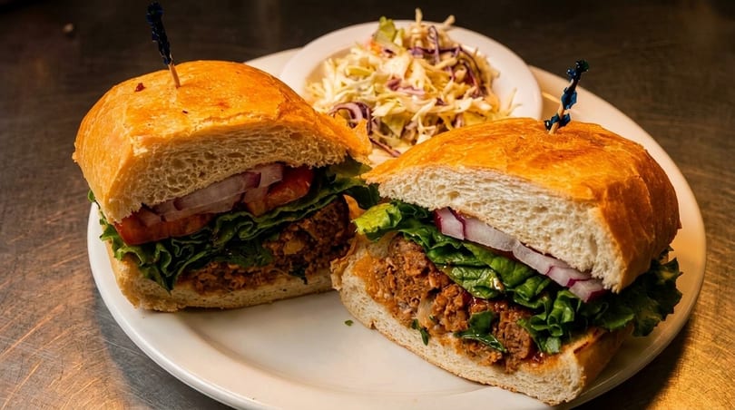 Two halves of a hearty sandwich with meat, lettuce, and onions, served with coleslaw.