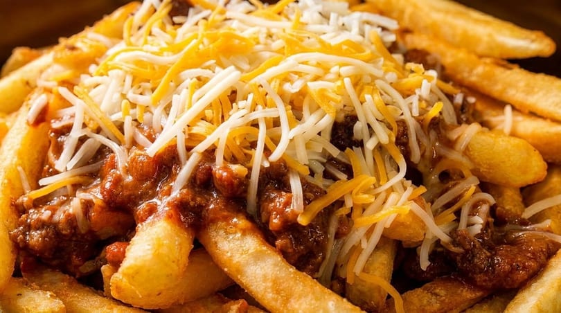 Close-up of golden french fries generously topped with chili and shredded cheddar cheese.