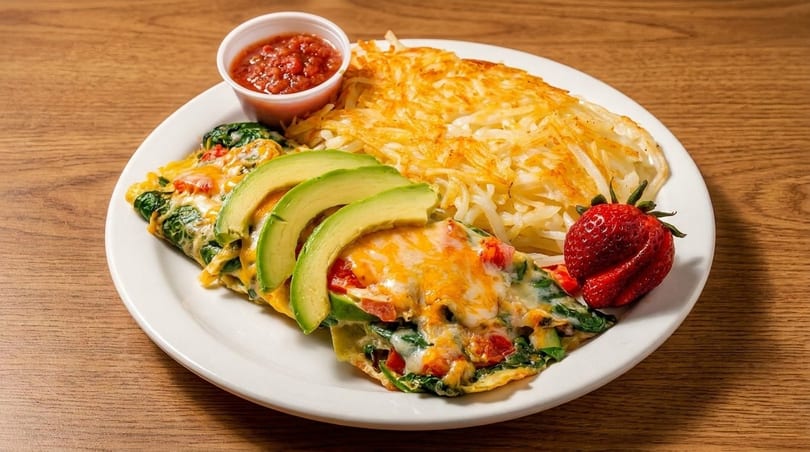 A breakfast plate with a cheesy omelet topped with avocado, hash browns, salsa, and a strawberry.
