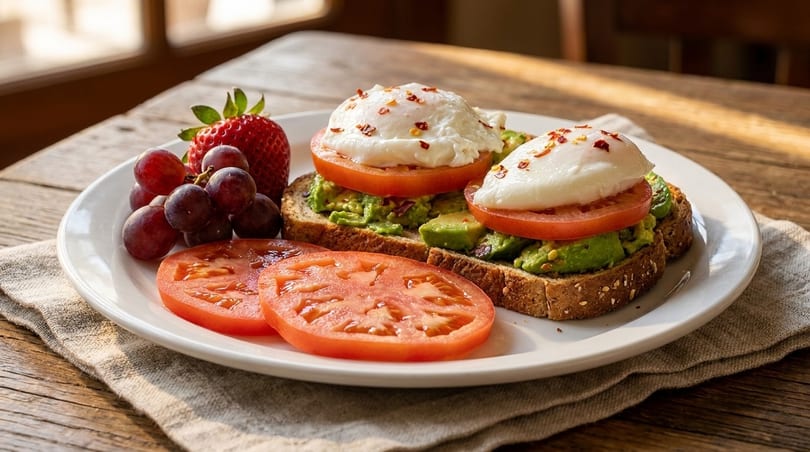 Avocado toast with poached eggs, tomato slices, grapes, and a strawberry on a white plate.