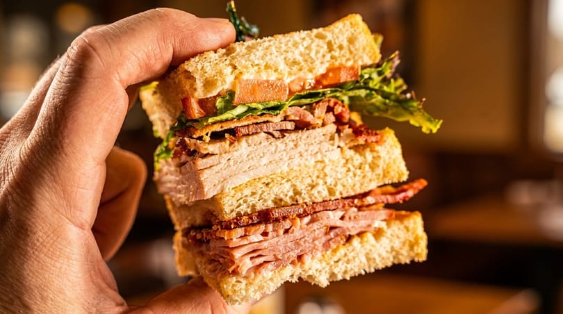A hand holds a thick club sandwich with turkey, ham, bacon, lettuce, and tomato.