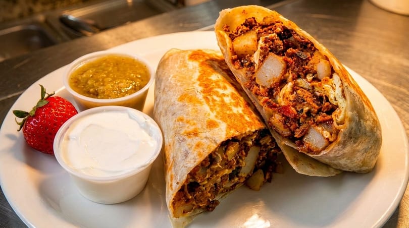 Two breakfast burritos, one cut in half, with salsa, sour cream, and a strawberry on a white plate.