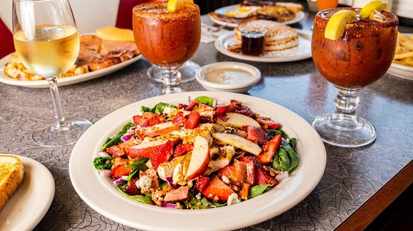 A strawberry and chicken salad, white wine, and two Bloody Marys on a diner table.