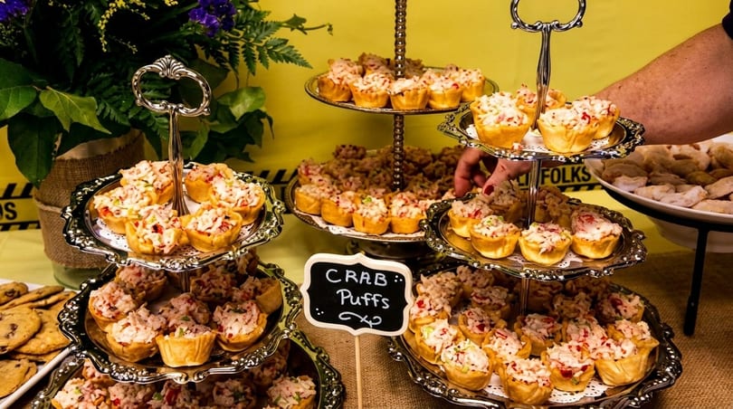 A buffet table with tiered silver trays overflowing with crab puffs and other appetizers.