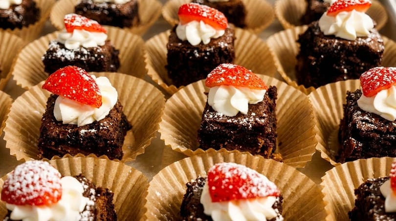Rows of individual chocolate brownies topped with whipped cream and a strawberry half in paper cups.