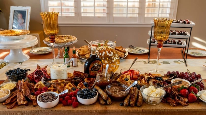 A breakfast charcuterie board with waffles, bacon, fruit, and various toppings on a wooden table.