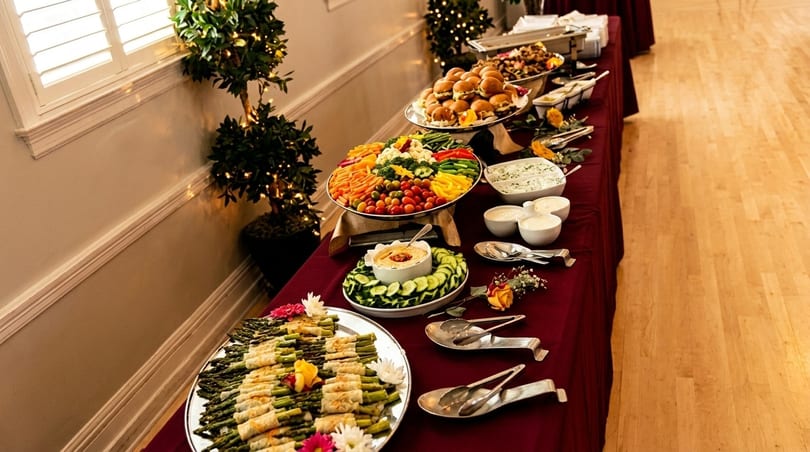 A long buffet table laden with platters of appetizers, including sliders, vegetables, and asparagus wraps.