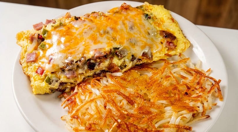 A cheesy omelet filled with ham and vegetables, served alongside crispy hash browns on a white plate.