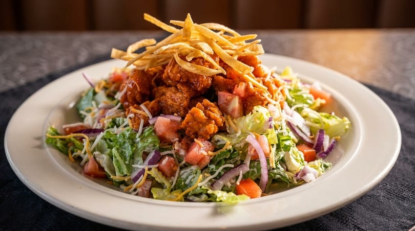 A vibrant salad with crispy chicken, fresh lettuce, tomatoes, red onions, cheese, and tortilla strips.