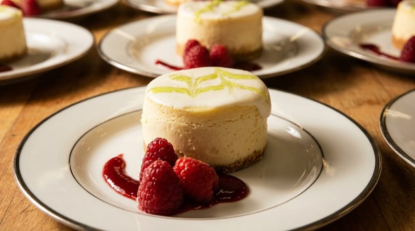 Mini cheesecakes with white frosting, lime drizzle, and fresh raspberries on white plates.