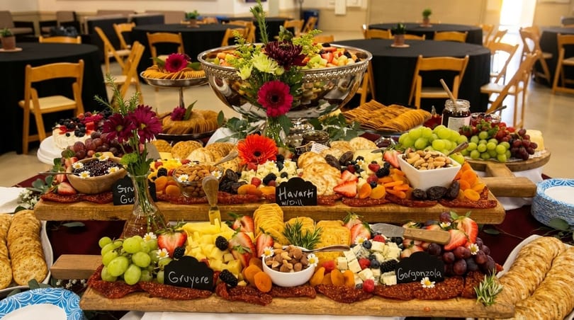 A lavish charcuterie spread with cheeses, fruits, nuts, and crackers, set against a backdrop of dining tables.