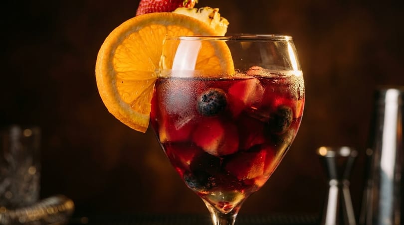 Close-up of a sangria glass with berries, orange slice, and pineapple garnish.