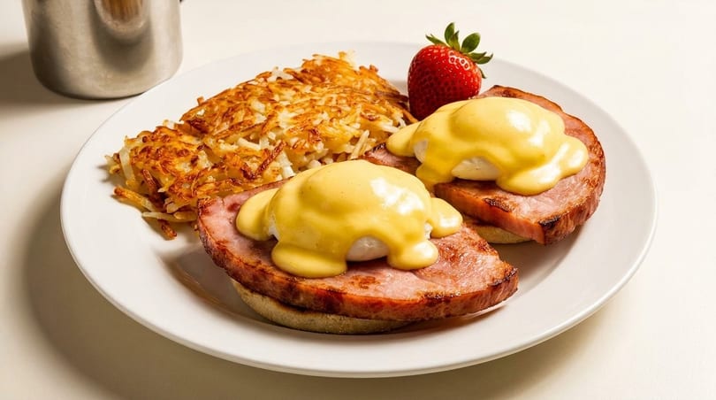 Eggs Benedict with ham, hash browns, and a strawberry on a white plate.