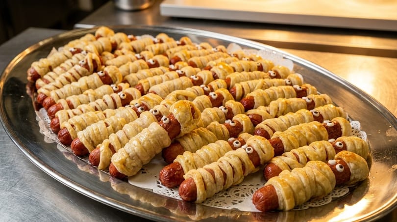 A silver tray filled with dozens of pigs in a blanket, decorated like mummies with candy eyes.