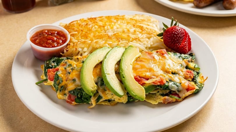 A spinach and tomato omelet topped with avocado slices, served with hash browns, salsa, and a strawberry.