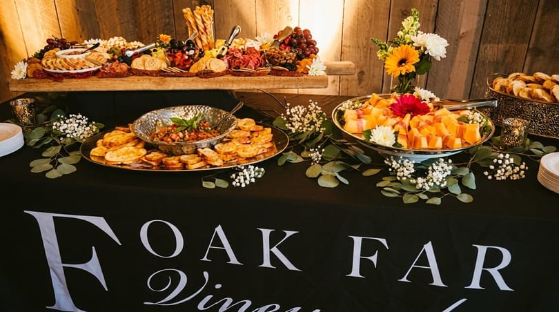 A buffet table with a charcuterie board, bruschetta, and melon wrapped in prosciutto.