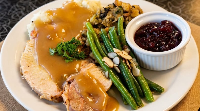 A Thanksgiving dinner plate with turkey, gravy, mashed potatoes, stuffing, green beans, and cranberry sauce.