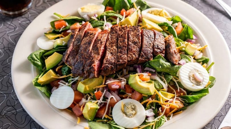 Steak salad with sliced steak, avocado, boiled eggs, tomatoes, onions, and cheese on a white plate.