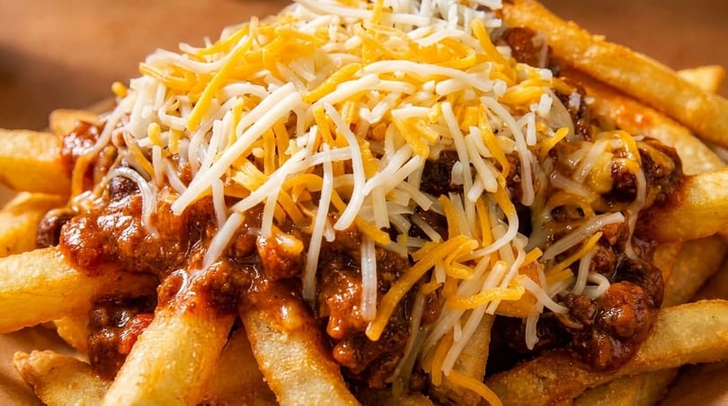Close-up of golden french fries generously topped with savory chili and shredded cheddar and Monterey Jack cheeses.