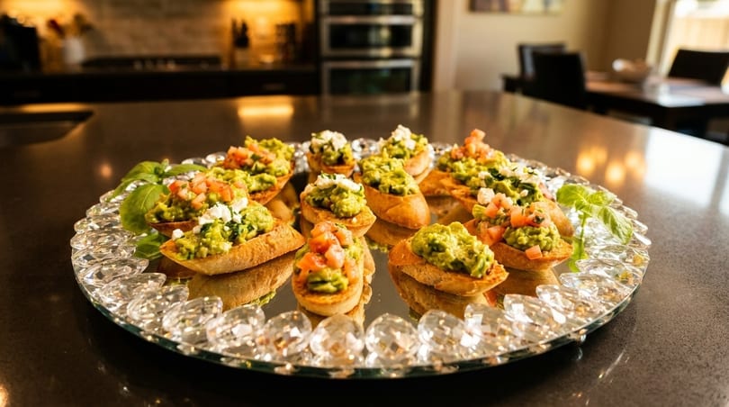 Avocado bruschetta appetizers with tomatoes and feta cheese on a mirrored tray with basil garnish.