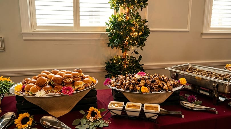 A buffet table with sliders, chicken skewers, and meatballs, adorned with flowers and greenery.