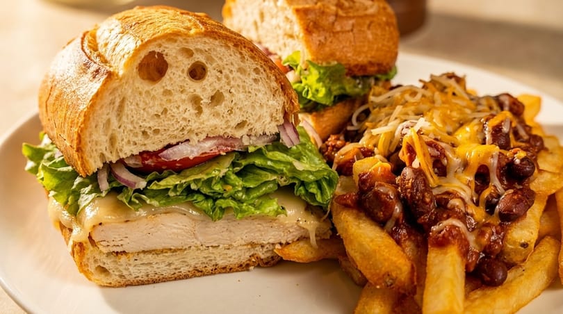Chicken sandwich with lettuce, tomato, onion, and cheese, served with chili cheese fries.