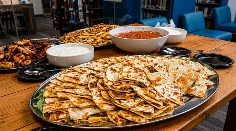 A buffet table with platters of quesadillas, grilled chicken, and bowls of sauces.
