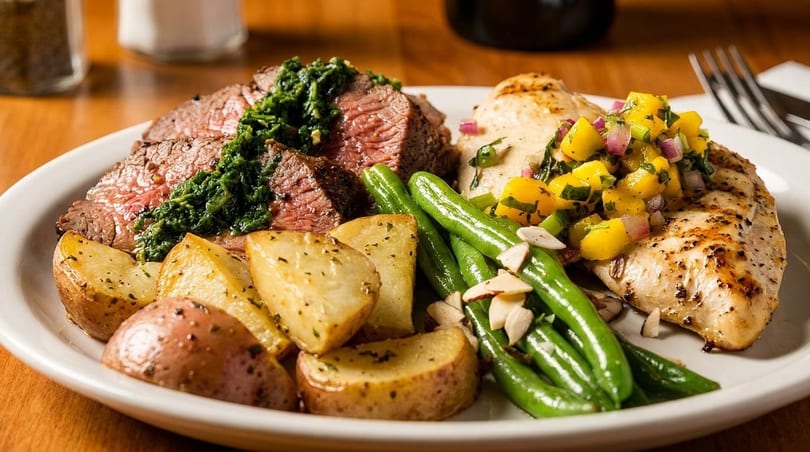 A plate with sliced steak topped with green sauce, grilled chicken with mango salsa, roasted potatoes, and green beans.