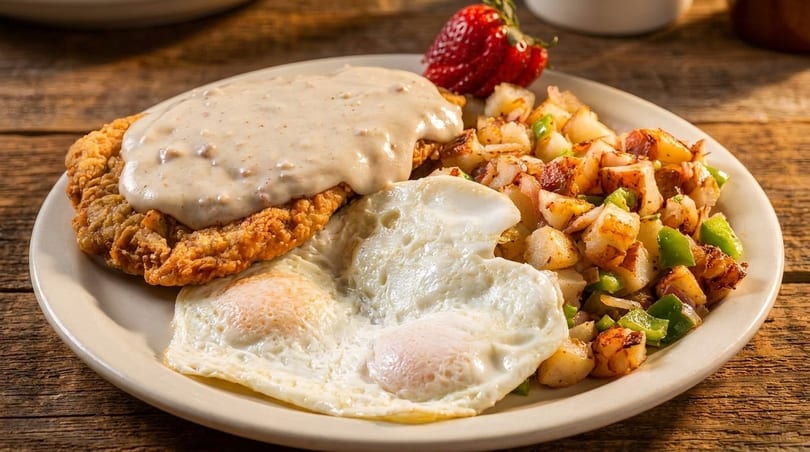 Chicken fried steak with gravy, two fried eggs, home fries with peppers, and a strawberry.