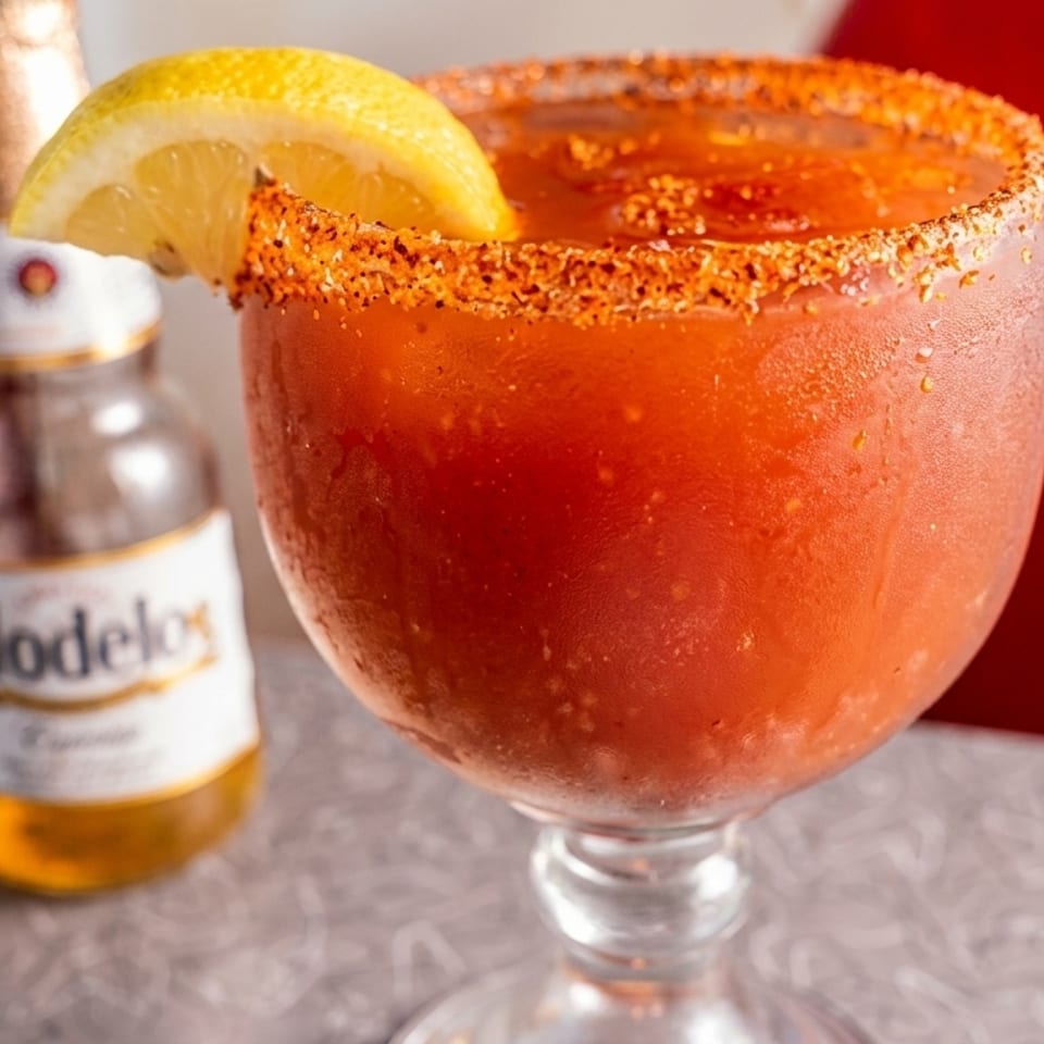 A Modelo beer bottle next to a michelada in a goblet, garnished with a lemon slice.