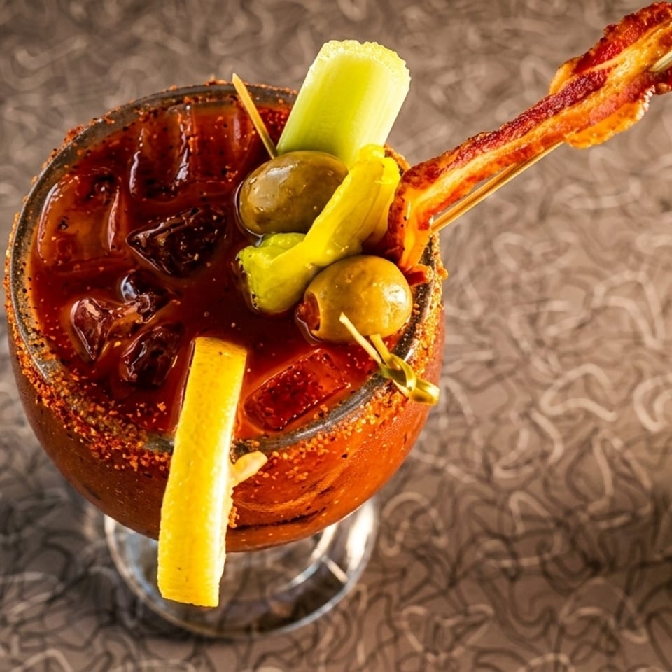 A Bloody Mary cocktail with bacon, olives, celery, and a lemon wedge on a patterned surface.