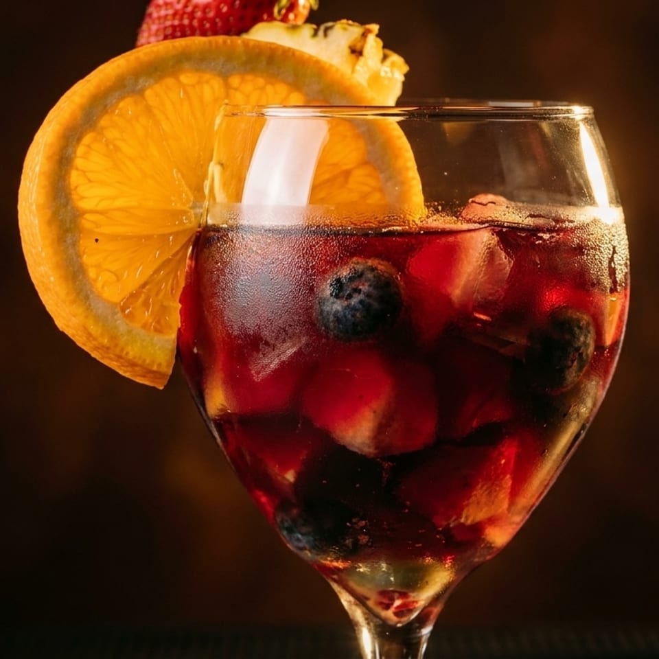Close-up of a sangria glass with fruit, ice, and an orange slice garnish.