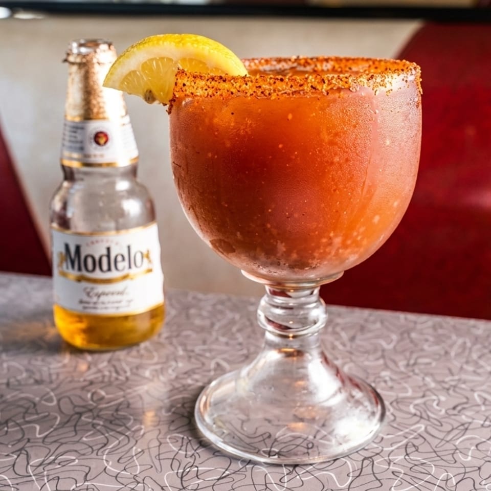 A Modelo beer bottle and a michelada with a lemon wedge sit on a diner table.