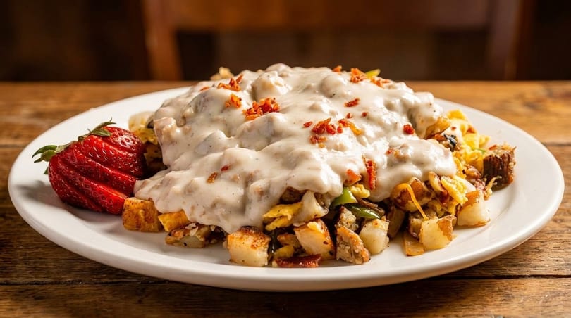 Hearty breakfast skillet with potatoes, eggs, sausage gravy, bacon bits, and a fresh strawberry.