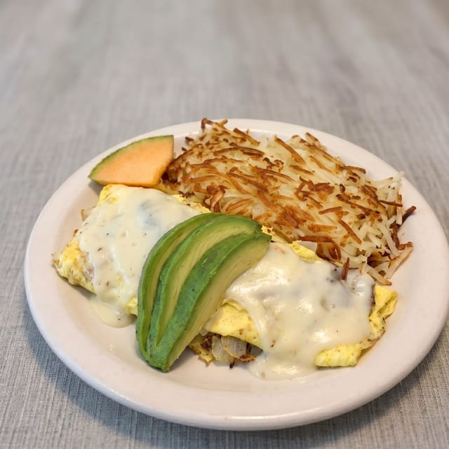 Bacon, Avocado and Swiss Cheese Omelet.