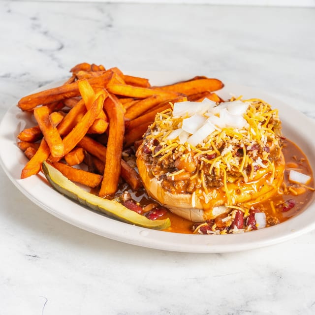 Open Faced Chili Cheese Burger.