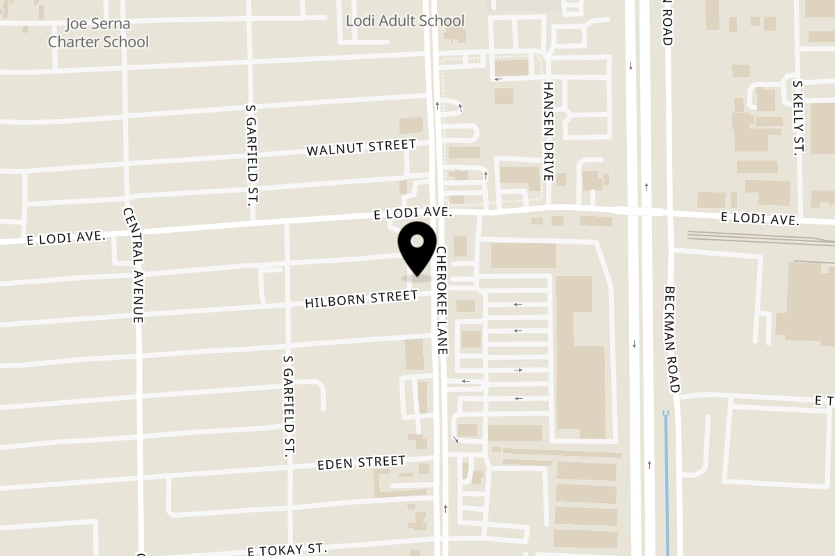 Map showing the location of Hollywood Family Café & Catering on 315 S Cherokee Ln in Lodi